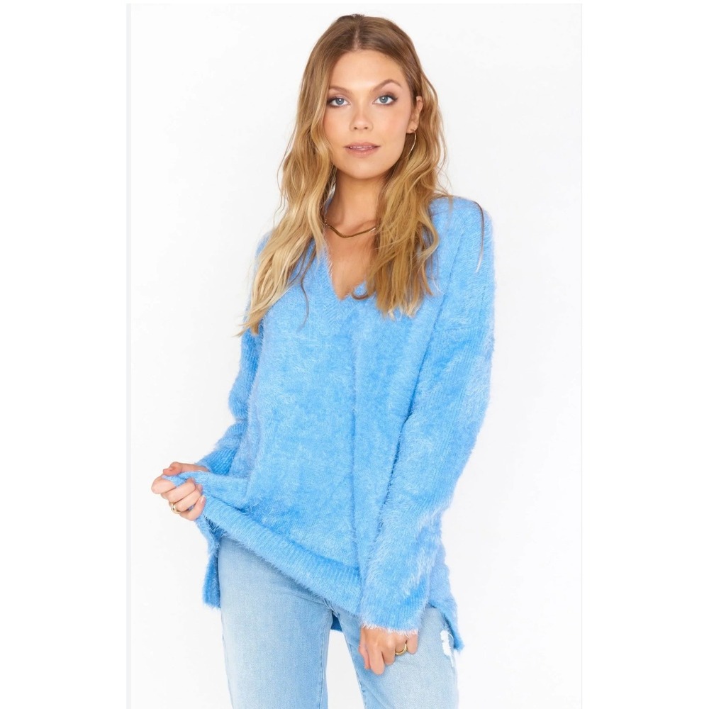 Show Me Your Mumu Cozy Forever Sweater Light Blue Fuzzy V Neck Size Small